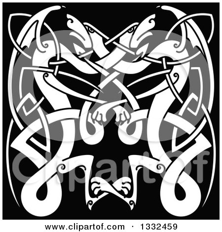 Clipart of a White Celtic Knot Dragons on Black 5 - Royalty Free Vector Illustration by Vector Tradition SM