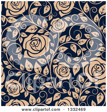Clipart of a Seamless Pattern of Tan Roses on Navy Blue 3 - Royalty Free Vector Illustration by Vector Tradition SM
