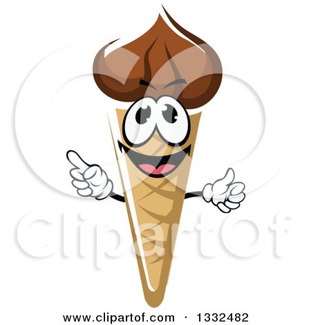 Clipart of a Cartoon Chocolate Waffle Ice Cream Cone Character Holding up a Finger - Royalty Free Vector Illustration by Vector Tradition SM