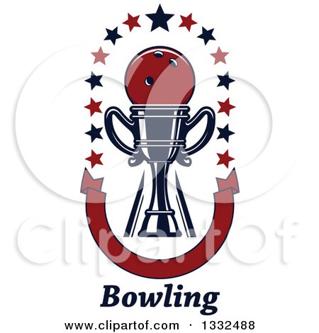 Clipart of a Bowling Ball in a Trophy with Stars over Text and a U Shaped Blank Red Banner - Royalty Free Vector Illustration by Vector Tradition SM