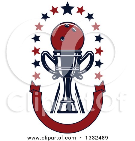 Clipart of a Bowling Ball in a Trophy with Stars over a U Shaped Blank Red Banner - Royalty Free Vector Illustration by Vector Tradition SM