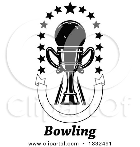 Clipart of a Black and White Bowling Ball in a Trophy with Stars over Text and a U Shaped Blank Banner - Royalty Free Vector Illustration by Vector Tradition SM