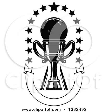 Clipart of a Black and White Bowling Ball in a Trophy with Stars over a U Shaped Blank Banner - Royalty Free Vector Illustration by Vector Tradition SM