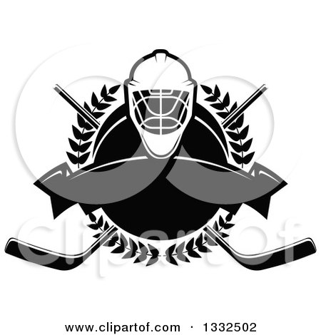 Clipart of a Black and White Hockey Mask over a Laurel Wreath, Puck, Crossed Sticks and Blank Banner - Royalty Free Vector Illustration by Vector Tradition SM