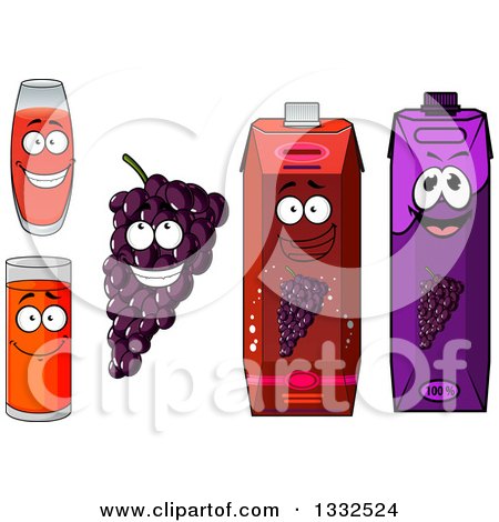 Clipart of Happy Bunch of Purple Grapes Character, Juice Glasses and Cartons 3 - Royalty Free Vector Illustration by Vector Tradition SM