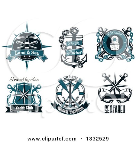 Clipart of Navy Blue and Black Nautical Lighthouse, Anchor, Helmet, Compass, and Life Buoy Designs with Text - Royalty Free Vector Illustration by Vector Tradition SM