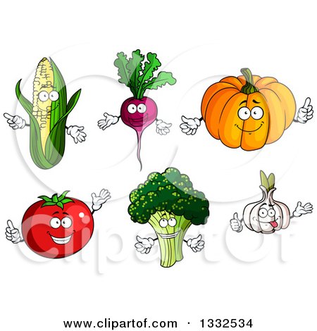 Clipart of Cartoon Corn, Beet or Radish, Pumpkin, Garlic, Broccoli and Tomato Characters - Royalty Free Vector Illustration by Vector Tradition SM