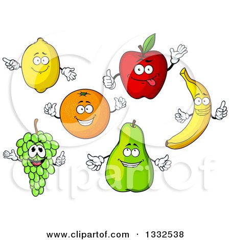 Clipart of Cartoon Lemon, Apple, Orange, Banana, Pear and Green Grape Characters - Royalty Free Vector Illustration by Vector Tradition SM