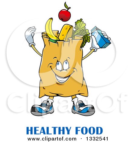 Clipart of a Cartoon Paper Grocery Bag Character Full of Foods over Text - Royalty Free Vector Illustration by Vector Tradition SM