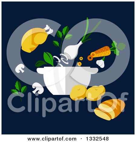 Clipart of a Flat Design Roasted Chicken, Bread and Vegetables on Navy Blue - Royalty Free Vector Illustration by Vector Tradition SM