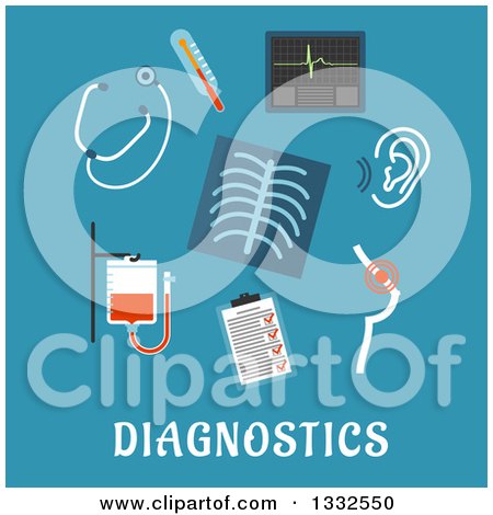 Clipart of a Flat Design Xray Surrounded by Medical Items, over Diagnostics Text on Blue - Royalty Free Vector Illustration by Vector Tradition SM
