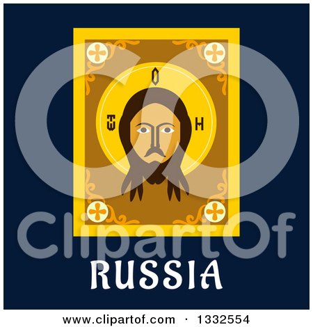 Clipart of a Flat Design Russian Jesus Christ Golden Icon over Text on Navy Blue - Royalty Free Vector Illustration by Vector Tradition SM