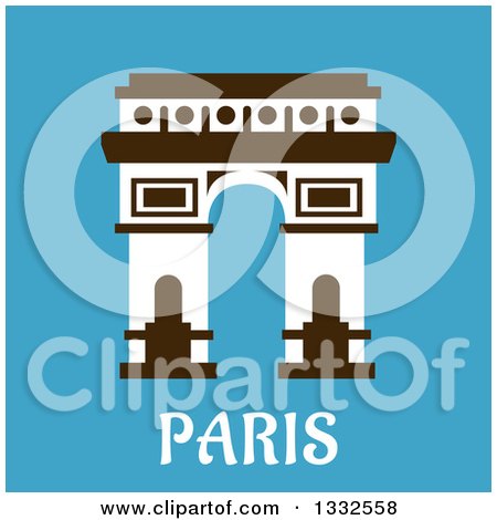 Clipart of a Flat Design Arc De Triomphe with Paris Text on Blue - Royalty Free Vector Illustration by Vector Tradition SM