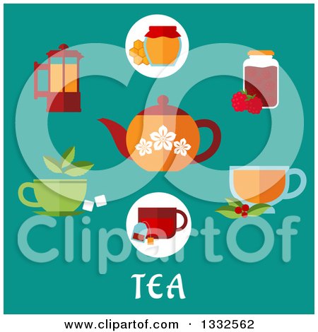 Clipart of a Flat Design of a Tea Pot with Other Items on Turquoise over Text - Royalty Free Vector Illustration by Vector Tradition SM