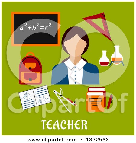 Clipart of a Flat Design Female Math Teacher with Accessories over Green with Text - Royalty Free Vector Illustration by Vector Tradition SM