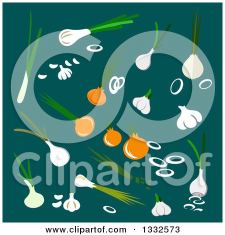 Clipart of a Flat Design of Bulb Vegetables over Teal - Royalty Free Vector Illustration by Vector Tradition SM
