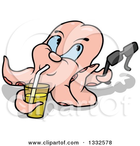 Clipart of a Cartoon Pastel Pink Octopus Drinking a Beverage and Holding Sunglasses, with a Shadow - Royalty Free Vector Illustration by dero