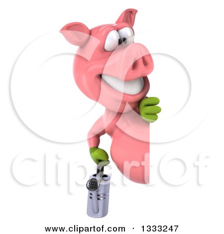Clipart of a 3d Happy Gardener Pig Holding a Watering Can Looking Around a Sign - Royalty Free Illustration by Julos