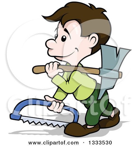 Clipart of a Cartoon Brunette White Male Carpenter Walking with a Saw and Axe - Royalty Free Vector Illustration by dero