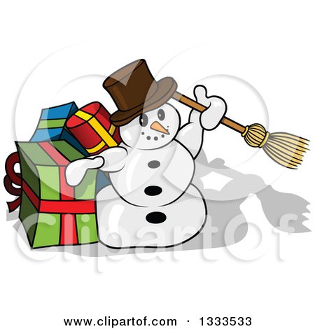 Clipart of a Cartoon Snowman Holding up a Broom by Presents - Royalty Free Vector Illustration by dero