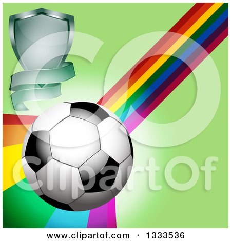 Clipart of a 3d Shiny Soccer Ball with a Shield, Banner and Rainbow Curve on Green - Royalty Free Vector Illustration by elaineitalia
