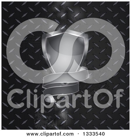 Clipart of a 3d Shiny Silver Shield and Banner over Black Diamond Plate Metal - Royalty Free Vector Illustration by elaineitalia