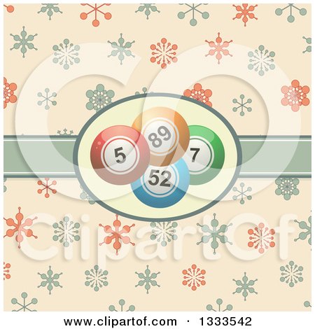 Clipart of a Retro Background with Bingo Balls in a Ribbon Label over Snowflakes - Royalty Free Vector Illustration by elaineitalia