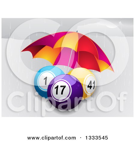 Clipart of 3d Bingo or Lottery Balls Being Sheltered from the Rain with an Umbrella - Royalty Free Vector Illustration by elaineitalia