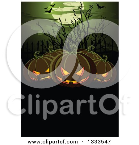 Clipart of a Halloween Background with Flying Bats, a Full Moon, Bare Branches and Jackolantern Pumpkins over Text Space - Royalty Free Vector Illustration by Pushkin