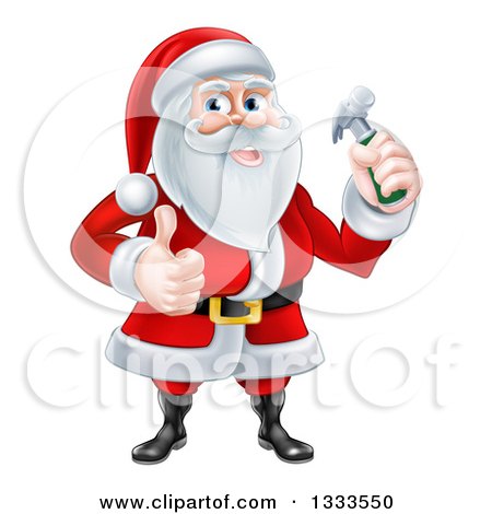 Clipart of a Happy Christmas Santa Claus Carpenter Holding a Hammer and Giving a Thumb up 2 - Royalty Free Vector Illustration by AtStockIllustration