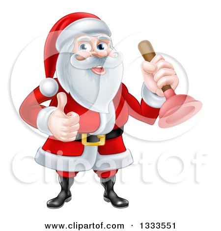 Clipart of a Happy Christmas Santa Claus Plumber Holding a Plunger and Giving a Thumb up 2 - Royalty Free Vector Illustration by AtStockIllustration