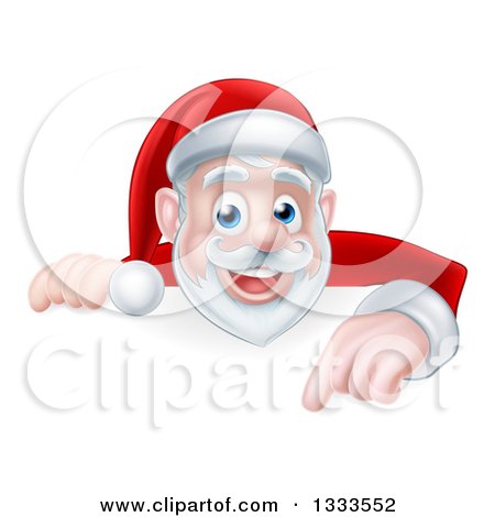 Clipart of a Cartoon Christmas Santa Claus Pointing down over a Sign - Royalty Free Vector Illustration by AtStockIllustration