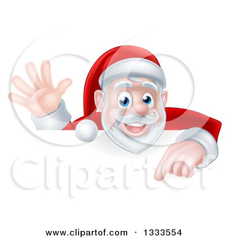 Clipart of a Cartoon Christmas Santa Claus Waving and Pointing down over a Sign - Royalty Free Vector Illustration by AtStockIllustration