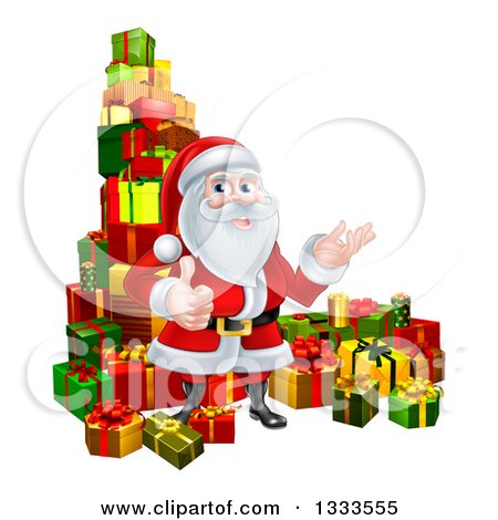 Clipart of a Cartoon Santa Claus Presenting and Giving a Thumb up by Stacked Christmas Gifts 2 - Royalty Free Vector Illustration by AtStockIllustration
