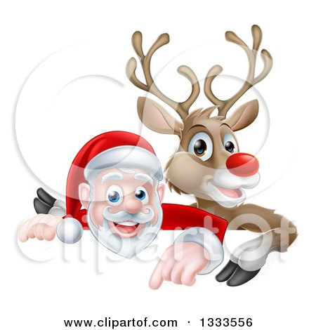 Clipart of a Cartoon Christmas Santa Claus and Red Nosed Reindeer Pointing down over a Sign - Royalty Free Vector Illustration by AtStockIllustration