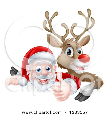 Clipart of a Cartoon Christmas Red Nosed Reindeer and Santa Giving a Thumb up over a Sign - Royalty Free Vector Illustration by AtStockIllustration