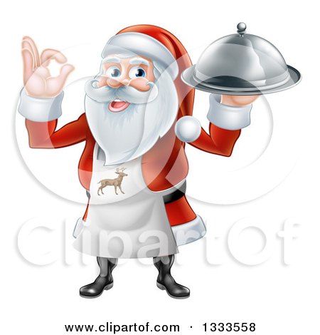 Clipart of a Happy Christmas Santa Claus Chef Gesturing Ok and Holding a Food Cloche Platter 2 - Royalty Free Vector Illustration by AtStockIllustration
