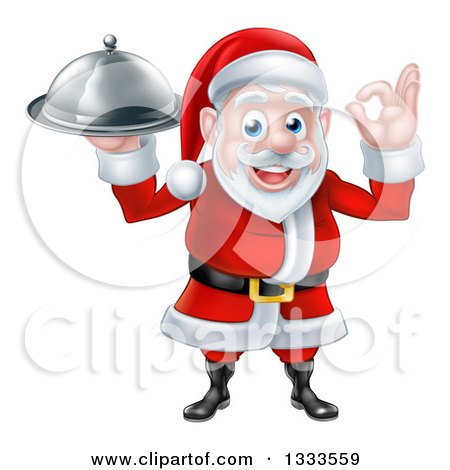 Clipart of a Happy Christmas Santa Claus Chef Gesturing Ok and Holding a Food Cloche Platter 3 - Royalty Free Vector Illustration by AtStockIllustration