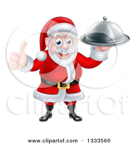Clipart of a Happy Christmas Santa Claus Chef Holding a Food Cloche Platter and Thumb up - Royalty Free Vector Illustration by AtStockIllustration