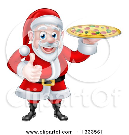 Clipart of a Cartoon Christmas Santa Claus Giving a Thumb up and Holding a Pizza - Royalty Free Vector Illustration by AtStockIllustration