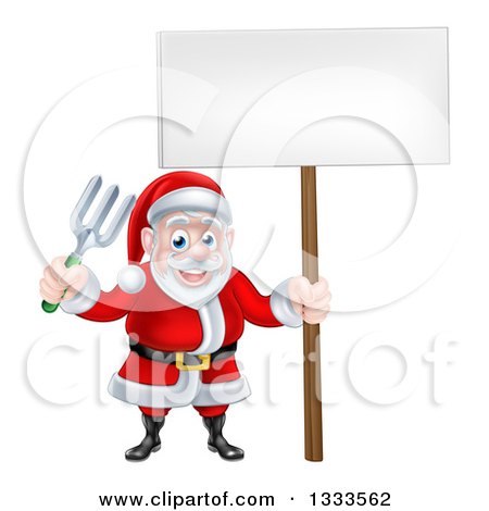 Clipart of a Cartoon Santa Holding a Blank Sign and Garden Fork - Royalty Free Vector Illustration by AtStockIllustration