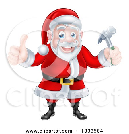 Clipart of a Happy Christmas Santa Claus Carpenter Holding a Hammer and Giving a Thumb up 3 - Royalty Free Vector Illustration by AtStockIllustration