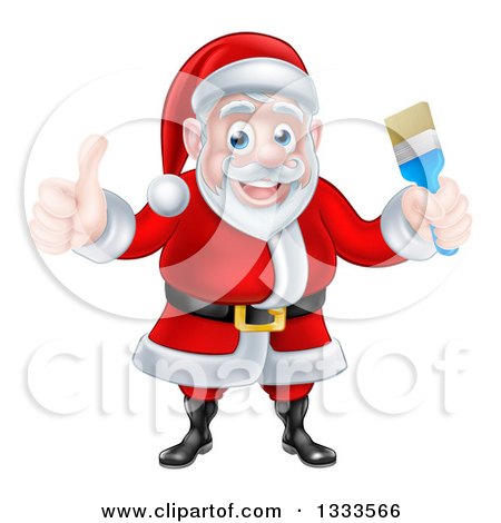 Clipart of a Christmas Santa Claus Holding a Blue Paintbrush and Giving a Thumb up - Royalty Free Vector Illustration by AtStockIllustration