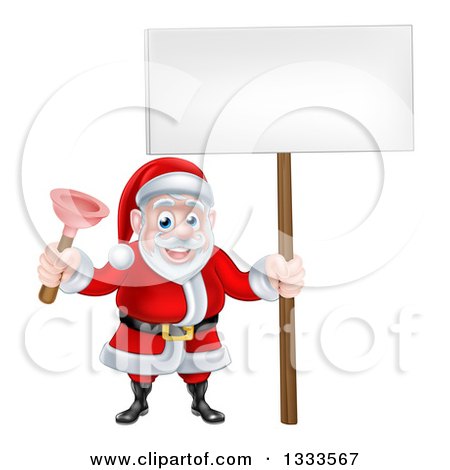 Clipart of a Happy Christmas Santa Claus Plumber Holding a Plunger and Blank Sign 3 - Royalty Free Vector Illustration by AtStockIllustration
