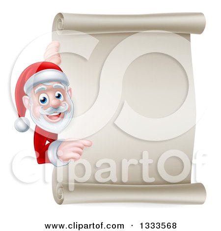 Clipart of a Cartoon Christmas Santa Claus Looking and Pointing Around a Blank Parchment Scroll - Royalty Free Vector Illustration by AtStockIllustration