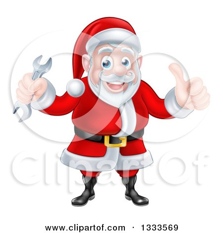 Clipart of a Happy Christmas Santa Claus Giving a Thumb up and Holding a Wrench 2 - Royalty Free Vector Illustration by AtStockIllustration