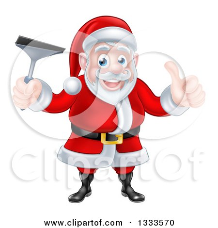 Clipart of a Christmas Santa Claus Giving a Thumb up and Holding a Window Cleaning Squeegee 3 - Royalty Free Vector Illustration by AtStockIllustration