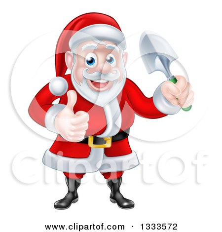Clipart of a Cartoon Santa Giving a Thumb up and Holding a Garden Trowel - Royalty Free Vector Illustration by AtStockIllustration
