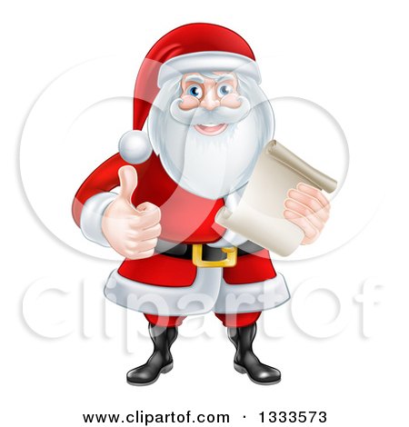 Clipart of a Cartoon Christmas Santa Claus Giving a Thumb up and Holding a Scroll List - Royalty Free Vector Illustration by AtStockIllustration