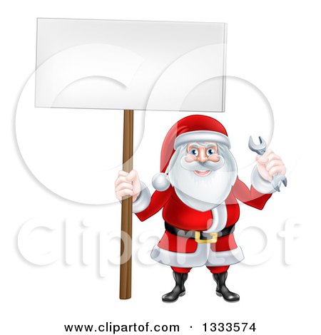 Clipart of a Happy Christmas Santa Holding a Spanner Wrench and Blank Sign 2 - Royalty Free Vector Illustration by AtStockIllustration